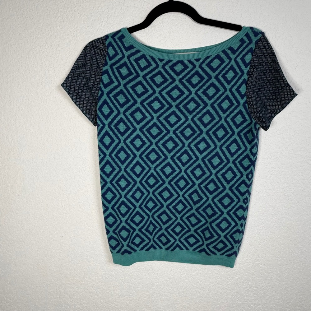 LOFT Geometric Diamond Knit Top XS Short Sleeve Polka Dot Teal Blue